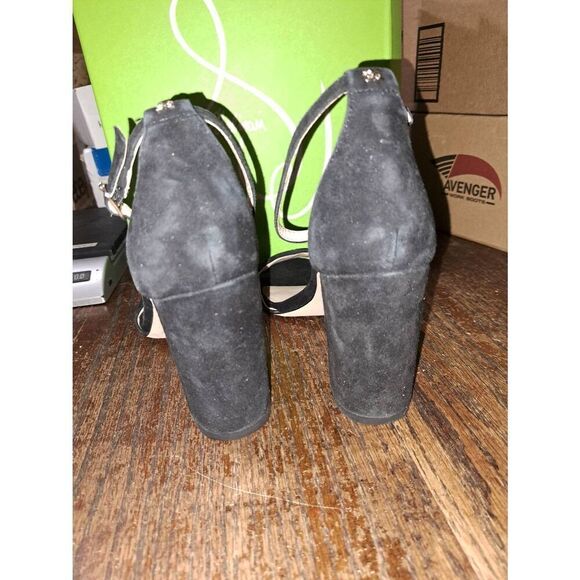 New 10.5M Sam Edelman Robyn Black Suede Chunky High Heel Ankle Strap Dress Shoes - Picture 5 of 6